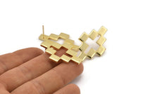 Gold Puzzle Earring, 2 Gold Plated Brass Stud Earrings (35x22x2mm) D981 A1255 Q1016