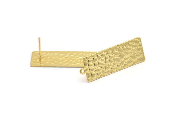 Gold Rectangle Earring, 2 Hammered Gold Plated Brass Rectangle Stud Earrings With 1 Loop (35x12x0.60mm) D850 A1274