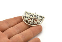 Silver Ethnic Pendant, 4 Antique Silver Plated Brass Semi Circle Pendants With 1 Loop (37x23x1mm) E661