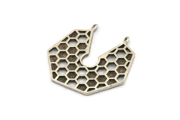Silver Honeycomb Charm, 2 Antique Silver Plated Brass Honeycomb Pendants With 2 Loops (31.5x32.5x1.3mm) BS 2052 H1684