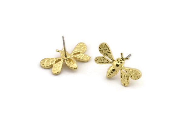 Brass Bee Earring, 4 Raw Brass Bee Stud Earrings (21x12mm) N1515