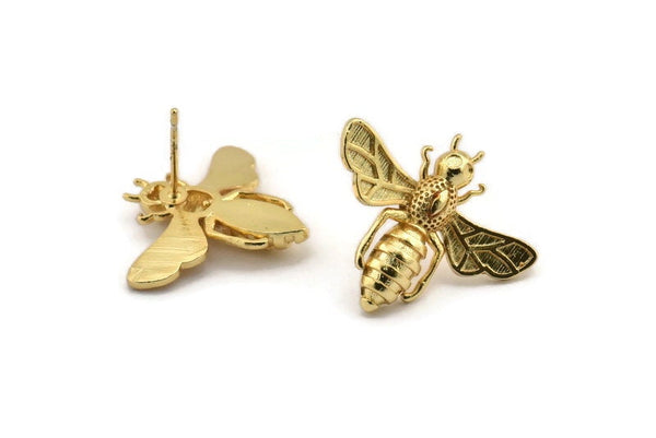 Gold Bee Earring, 2 Gold Plated Brass Bee Stud Earrings (21x24mm) E585 A1188 Q1025
