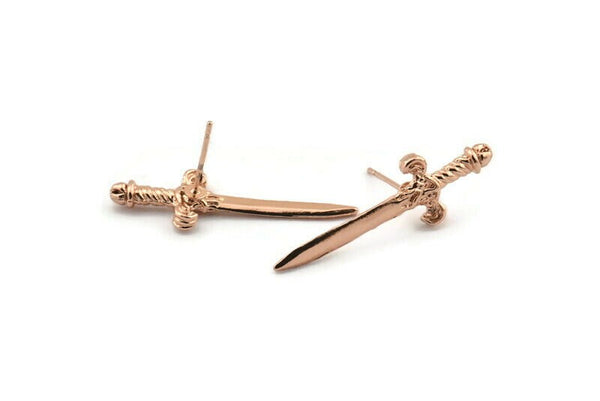 Knight&#39;s Sword Earring, 2 Rose Gold Plated Brass Sword Stud Earrings (33x10mm) N0248 A1177 Q1079