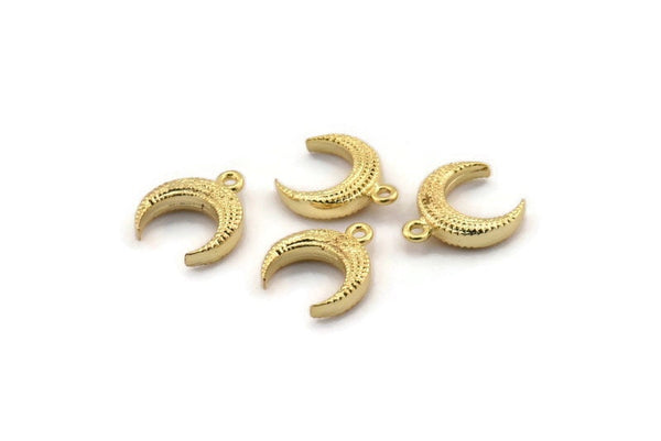 Gold Moon Charm, 4 Gold Plated Brass Textured Horn Charms, Pendant, Jewelry Finding (12x4x4mm) N0306