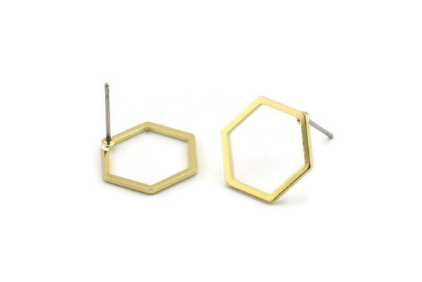 Brass Hexagon Earring, 10 Raw Brass Hexagon Stud Earrings (14x0.90mm) A1637 A1713