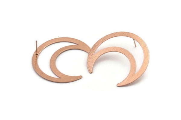Rose Gold Moon Earring, 2 Rose Gold Plated Textured Brass Moon Stud Earrings (42x16x0.80mm) M073 A1549 Q1046