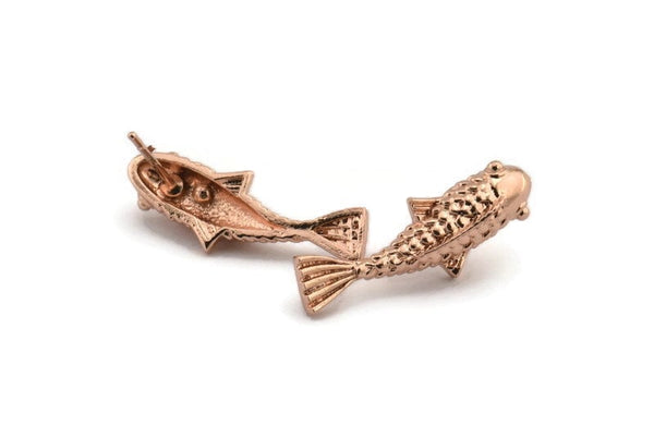 Rose Gold Fish Earring, 4 Rose Gold Plated Brass Koi Fish Stud Earrings, Jewelry Supplies, Findings (24x8mm) N0422 A1205
