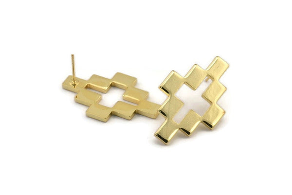 Gold Puzzle Earring, 2 Gold Plated Brass Stud Earrings (35x22x2mm) D981 A1255 Q1016