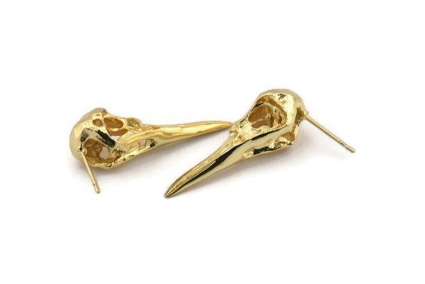 Bird Skull Earring, 2 Gold Plated Brass Bird Skull Stud Earrings (32x11x10mm) N0492 A1290
