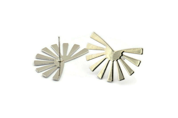 Silver Sun Earring, 4 Silver Tone Brass Rising Sun Flag Stud Earrings (25x17x0.60mm) D945 A1244  Q0487