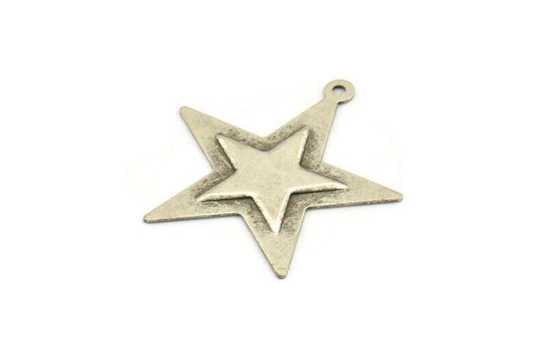 Silver Star Charm, 10 Antique Silver Plated Brass Star Charms with 1 Loop (29x30mm) D0062