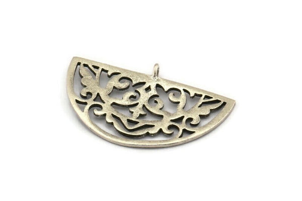 Silver Ethnic Pendant, 4 Antique Silver Plated Brass Semi Circle Pendants With 1 Loop (37x23x1mm) E661