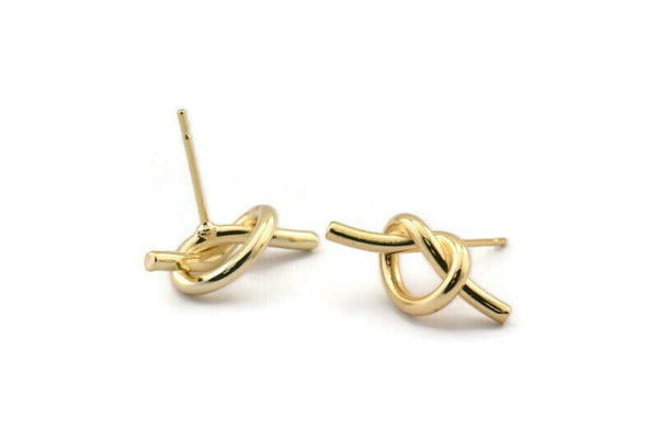 Gold Knot Earring, 4 Gold Plated Brass Knot Stud Earrings (19x8mm) D1309