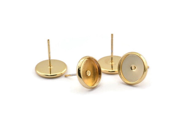Gold Earring Post, 12 Gold Plated Brass Iron Earring Posts With Gold 10mm Pad, Ear Studs Bs-1270