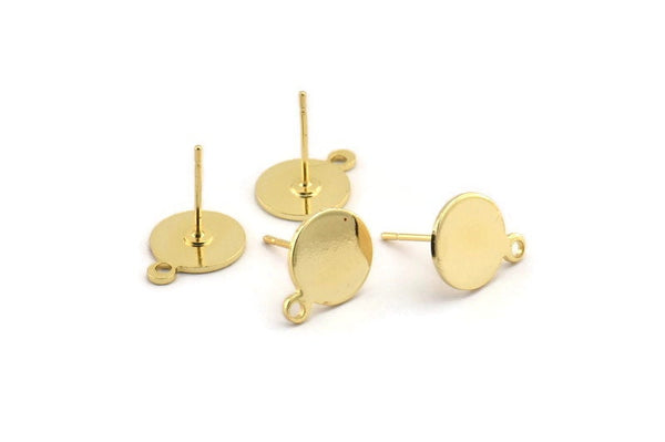 Gold Round Earring, 4 Gold Plated Brass Round Earring Studs (13x10x0.80mm) M037 A1542