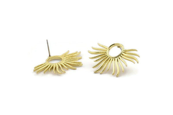 Brass Sun Earring, 4 Raw Brass Sun Stud Earrings (33x20mm) N0782 A2152