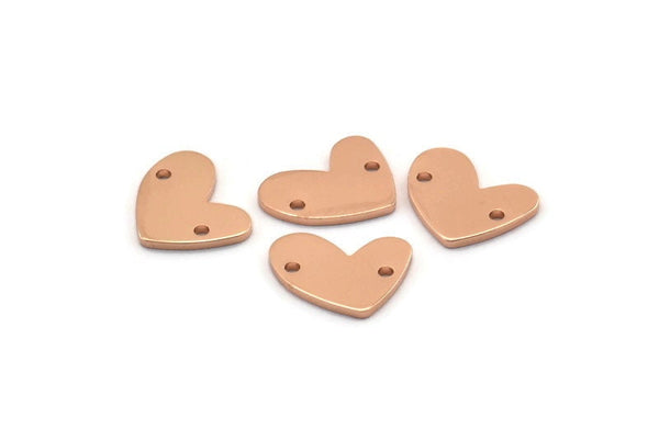 Rose Gold Heart Charm, 6 Rose Gold Plated Brass Heart Charms With 2 Holes (14x11x1mm) M857
