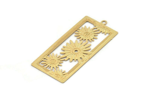 Gold Flower Charm, 2 Gold Plated Brass Rectangle Flower Charms With 1 Loop, Pendant, Earrings, Findings (49x22.5mm) E029