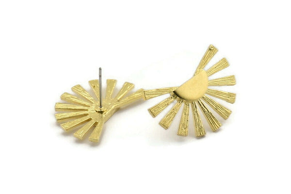 Brass Sun Earring, 2 Raw Brass Rising Sun Flag Stud Earrings (26x14x1.5mm) N1524