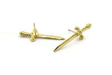 Knight&#39;s Sword Earring, 2 Gold Plated Brass Sword Stud Earrings (33x10mm) N0248 A1177 Q1079