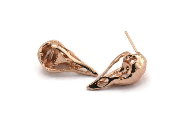 Rose Gold Bird Earring, 2 Rose Gold Plated Brass Bird Skull Stud Earrings (26x11x6mm) N0958