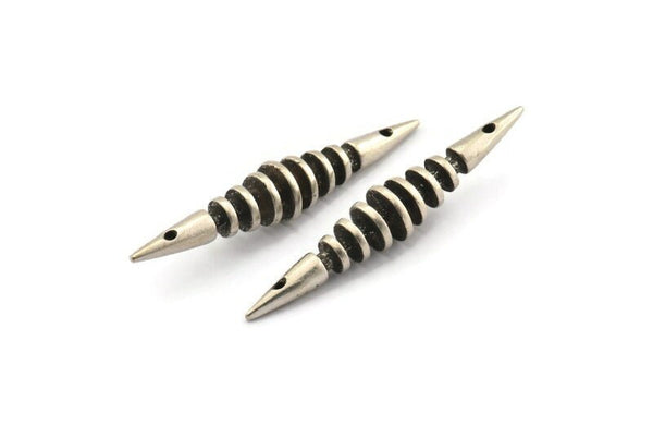 Silver Spike Charm, Antique Silver Plated Brass Spike Tribal Pendants With 2 Holes (48x8mm) BS 1870
