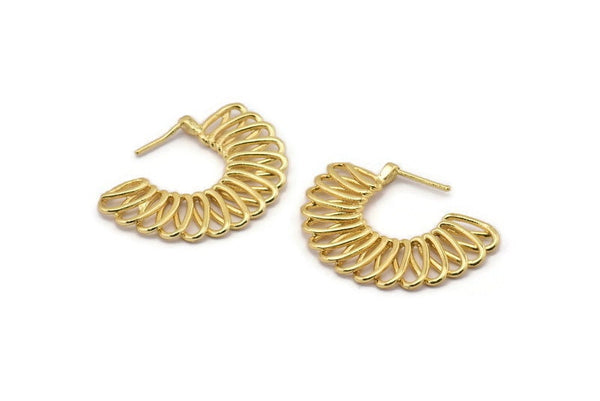 Gold Semi Sun Earring, 2 Gold Plated Brass Semi Sun Earrings (40x29x2.5mm) BS 2042
