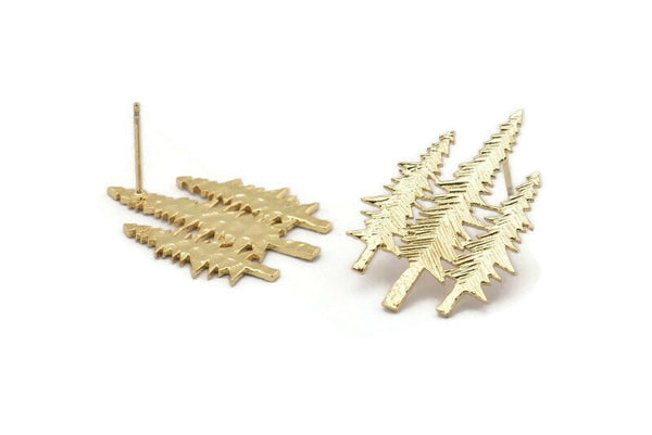 Gold Tree Earring, 2 Gold Plated Brass Tree Stud Earrings (28x21x1mm) N1088