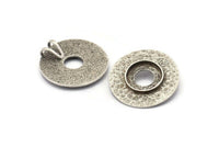 Silver Round Pendant, 2 Antique Silver Plated Brass Hammered Round Pendant With 15mm Stone Pad, Findings (30mm) E568