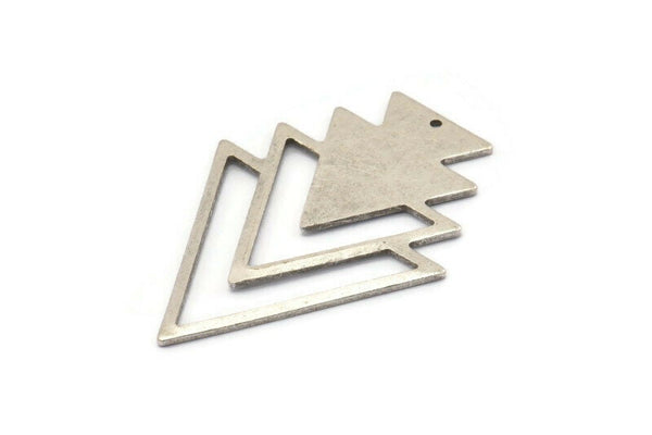 Silver Triangle Charm, 3 Antique Silver Plated Brass Tree Charms With 1 Hole (47x33x1mm) M01224 H1264