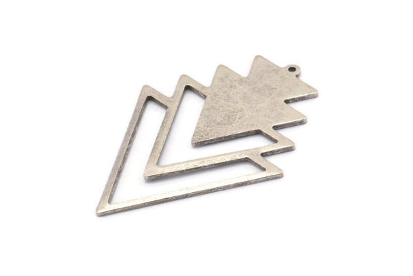 Silver Triangle Charm, 3 Antique Silver Plated Brass Tree Charms With 1 Loop (49x33x1mm) M01232 H1303