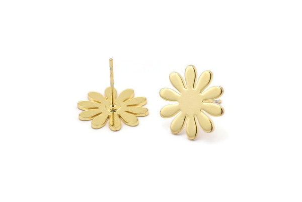 Gold Flower Earring, 4 Gold Plated Brass Flower Stud Earrings (15x0.80mm) A0964 A1328 Q1071