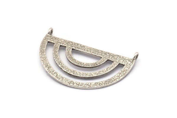 Silver Ethnic Pendant, 2 Antique Silver Plated Brass Semi Circle Pendant With 2 Loops (38x23x0.9mm) BS 1947
