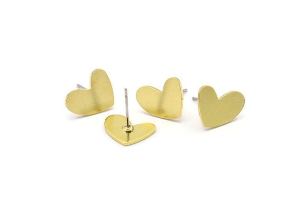 Brass Heart Earring, 6 Raw Brass Heart Stud Earrings (14x11x1mm) M854 A2238