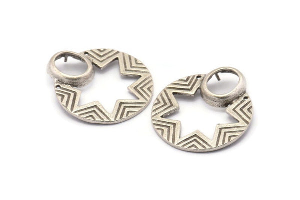 Silver Star Pendant, 2 Antique Silver Plated Brass Star Ethnic Pendants With 2 Holes and 12x10 Pad, Findings, Charms (35x30x1.5mm) BS 1918