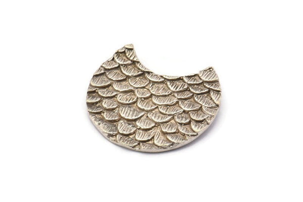 Silver Moon Charm, 2 Textured Antique Silver Plated Brass Fish Scale Moon Pendants With 2 Loops (28x18mm) BS 2448