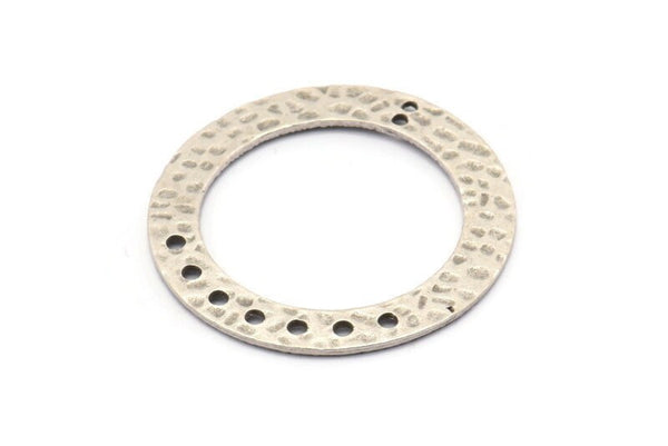 Silver Ring Charm, 2 Hammered Antique Silver Plated Brass Round Charms With 9 Holes, Pendants, Findings (35x5x1mm) N0371
