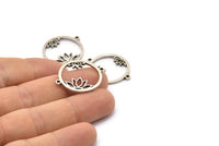 Silver Flower Charm, 4 Antique Silver Plated Brass Lotus Flower Connectors With 2 Loops, Pendants, Findings (28x22x1.5mm) N1377 H0957