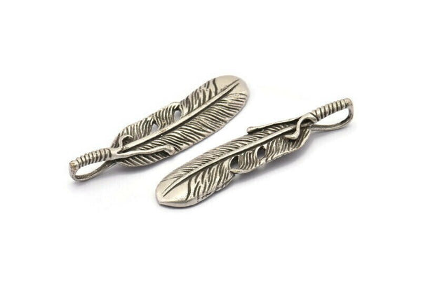 Feather Necklace Finding, 2 Antique Silver Plated Brass Feather Charms, Feather Pendants (54x14mm) N0174