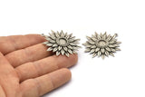 Silver Sunflower Charm, Antique Silver Plated Brass Flower Charms With 1 Loop, Pendants, Earrings (41x38mm) N0717