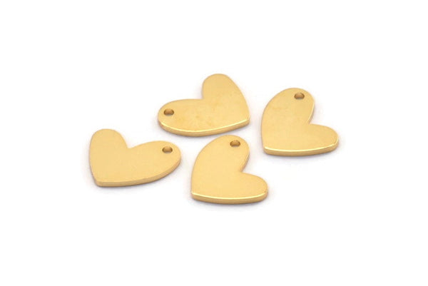 Gold Heart Charm, 6 Gold Plated Brass Heart Charms With 1 Hole (14x11x1mm) M855