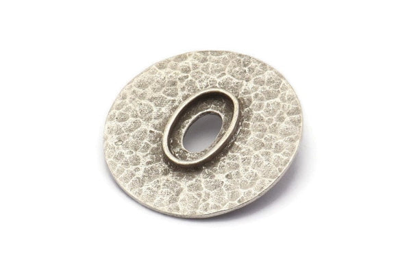 Silver Round Pendant, Antique Silver Plated Brass Hammered Round Pendant With 13x8mm Stone Pad, Findings (30mm) E584