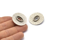 Silver Round Pendant, Antique Silver Plated Brass Hammered Round Pendant With 13x8mm Stone Pad, Findings (30mm) E584