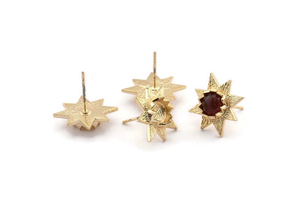 Gold Flower Earring, 2 Gold Plated Brass Flower Stud Earrings - Pad Size 6mm (16mm) N1446