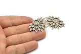 Silver Sunflower Charm, Antique Silver Plated Brass Flower Charm Earrings With 1 Loop, Pendants, Earrings (28x39mm) N0735