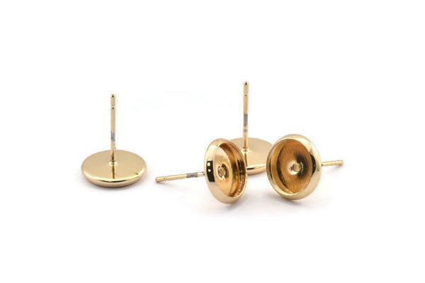 Gold Earring Post, 12 Gold Plated Brass Iron Earring Posts With 8mm Pad, Ear Studs BS 1269