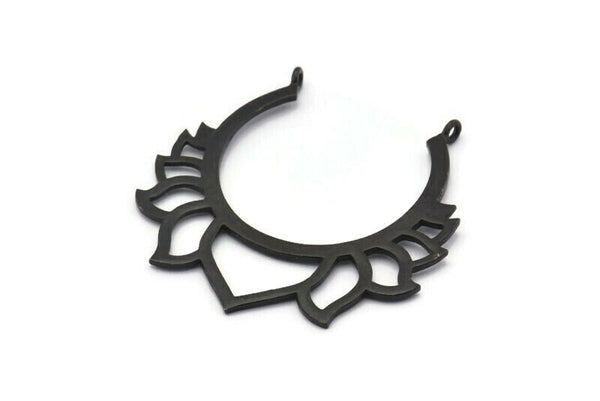Lotus Flower Pendant, 2 Oxidized Black Brass Hammered Lotus Flower Pendants With 2 Loops, Earrings, Charms (46x46mm) N0830 H0976