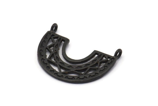 Black Charm, 4 Oxidized Black Brass, Black Pendants, Charms, Black Semi Circle Charms With 2 Loops (24x18x1.2mm) N1451