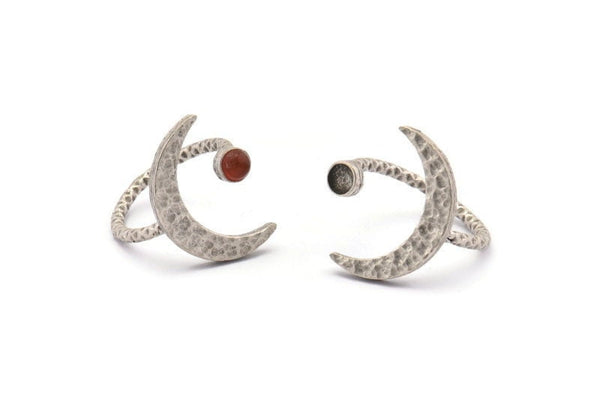 Silver Ring Settings, 2 Hammered Antique Silver Plated Brass Moon And Planet Ring With 1 Stone Setting - Pad Size 4mm N1151