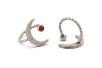 Silver Ring Settings, 2 Hammered Antique Silver Plated Brass Moon And Planet Ring With 1 Stone Setting - Pad Size 4mm N1151